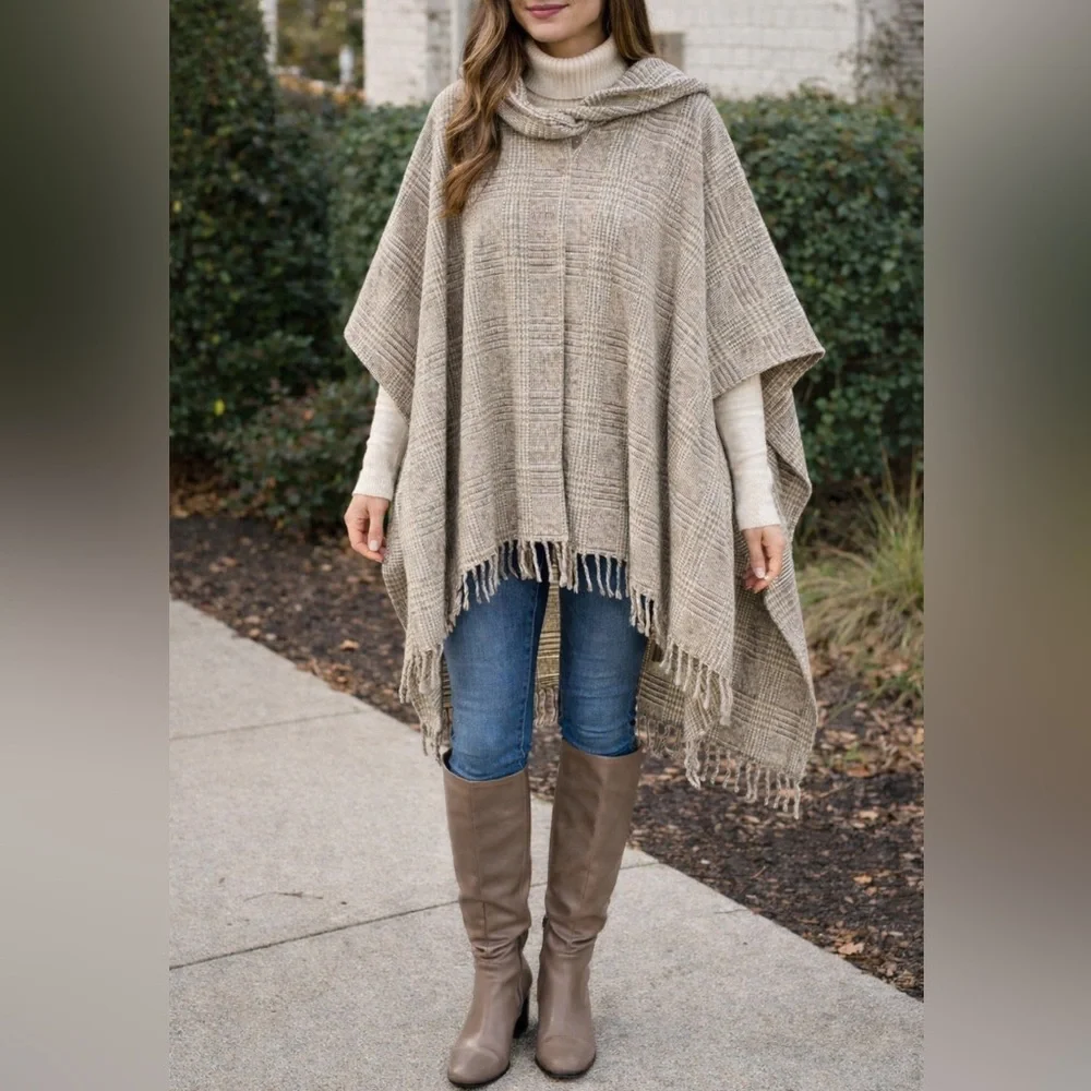 Beige Plaid Fringe Poncho built-in scarf one size pure wool